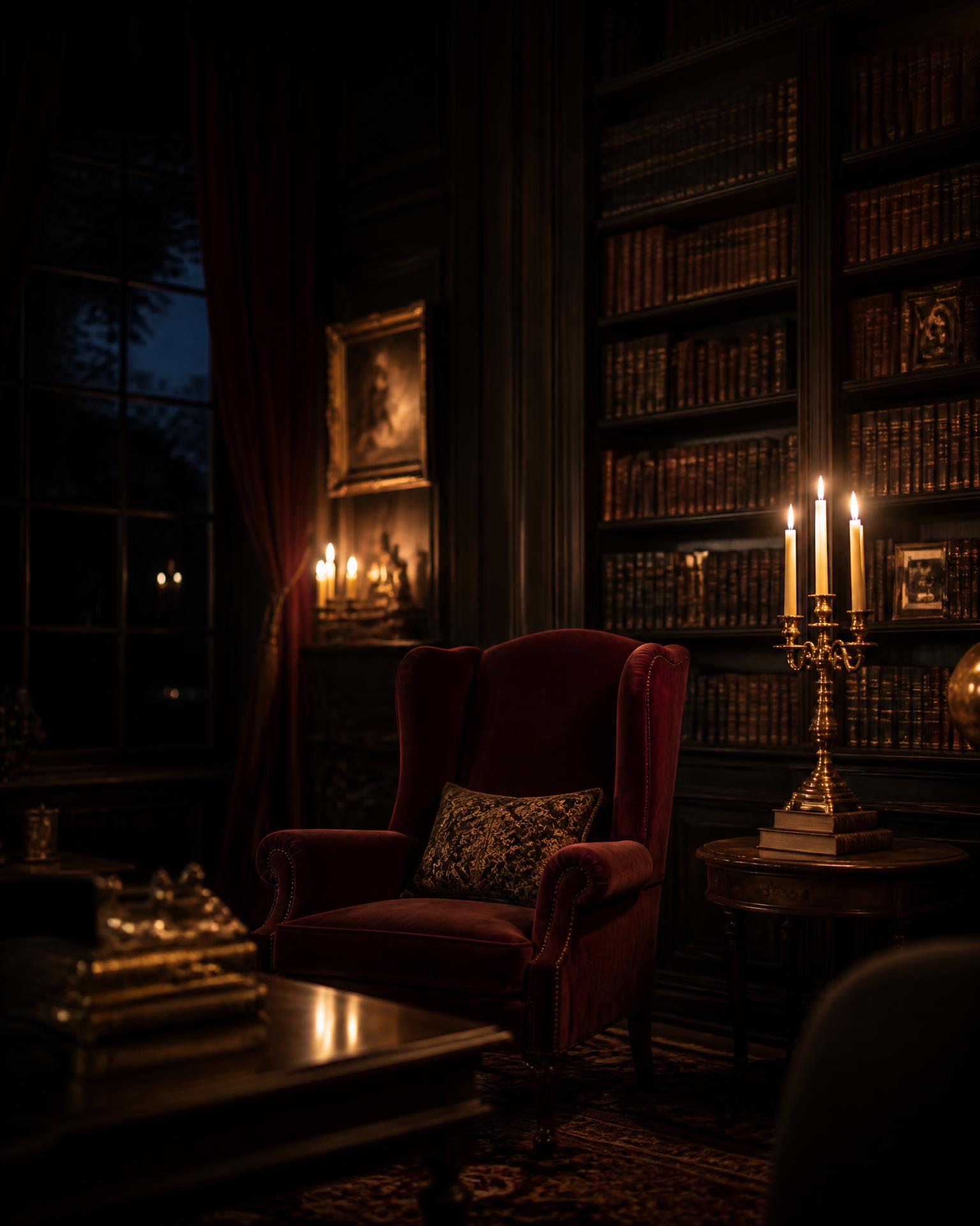 A candlelit private library with a velvet armchair
